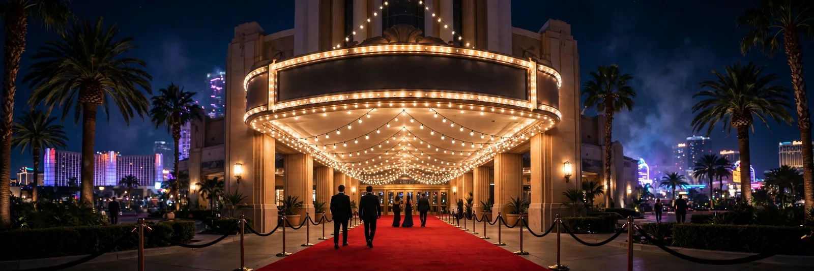A Las Vegas awards night red carpet outside a hotel theater, marquee lights and guests in evening wear