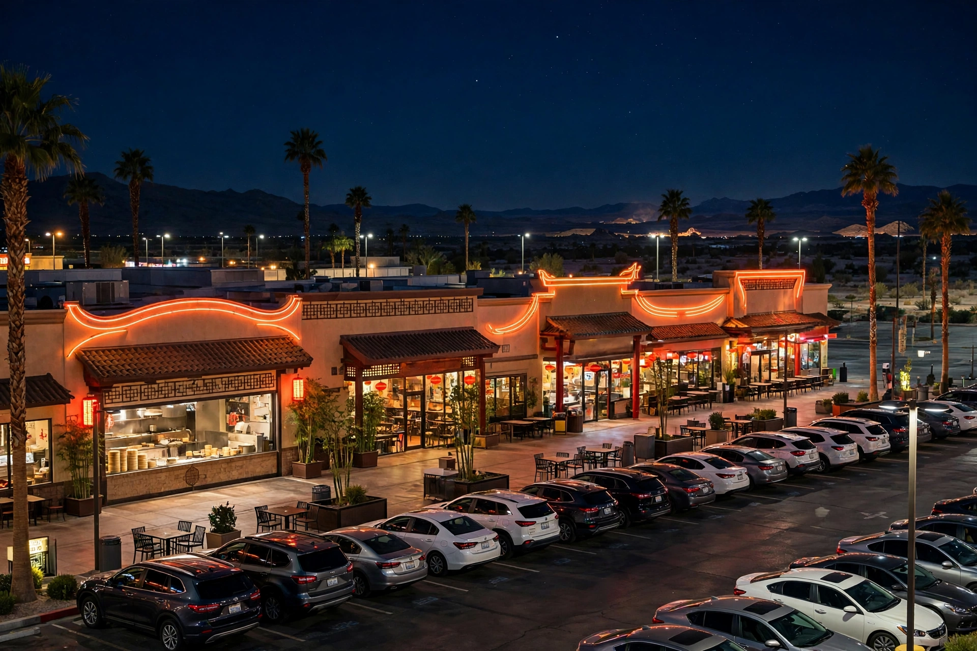 A Las Vegas Chinatown restaurant plaza on Spring Mountain Road at night, neon-outlined rooftops, red lanterns and a full free parking lot under the desert sky