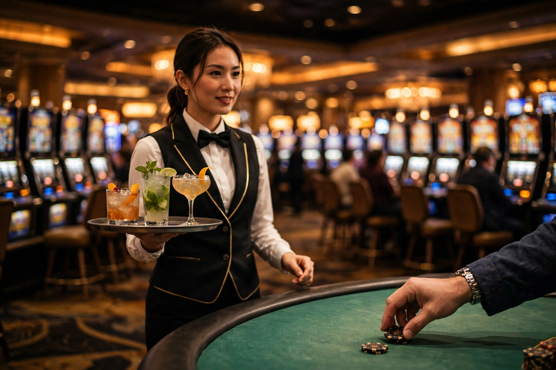 A Las Vegas casino cocktail server carrying a tray of drinks past the slot machines while a player places chips on a table game