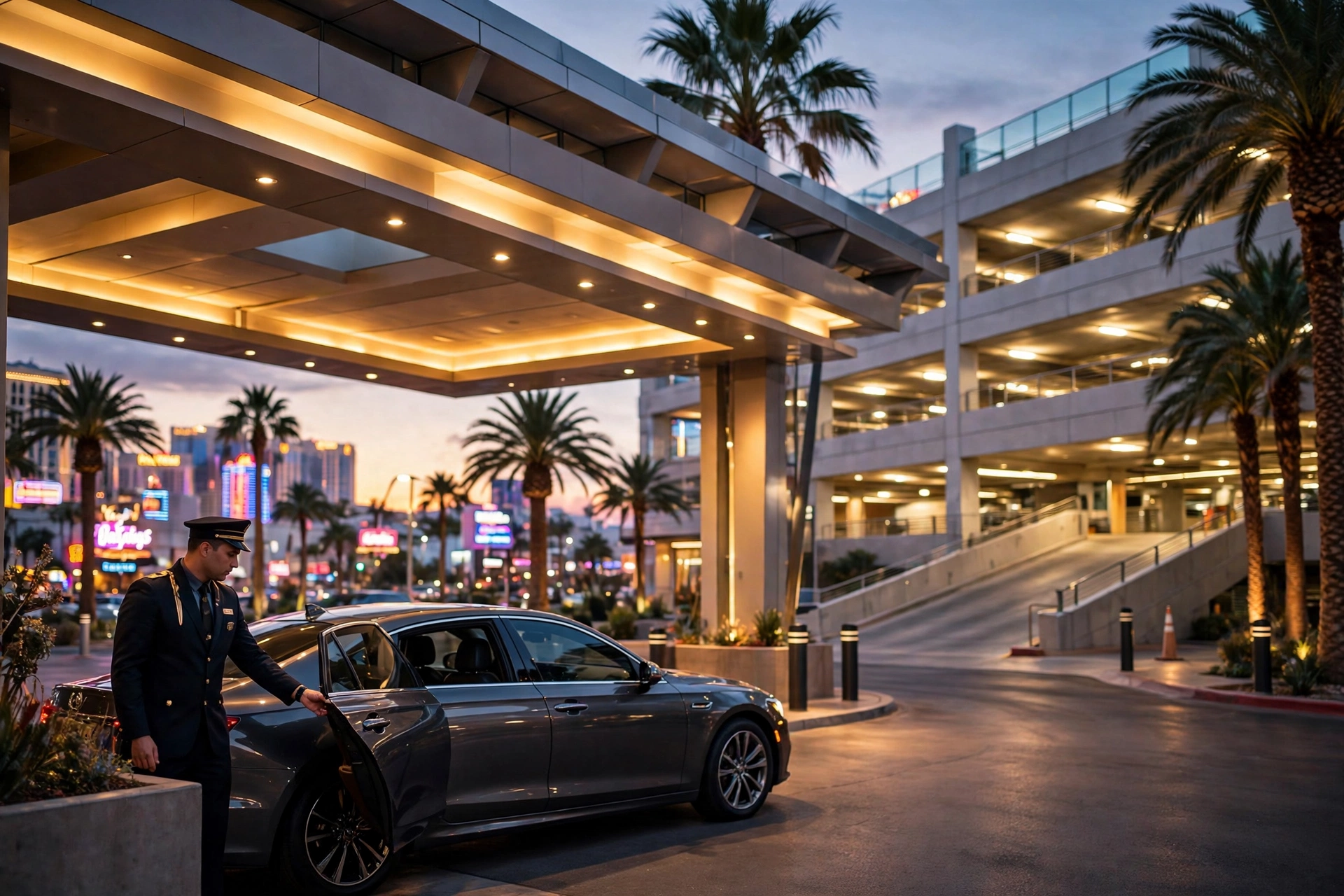 A valet attendant opening a car door under the porte-cochere of a Las Vegas Strip hotel at dusk, parking garage ramps and Strip lights behind