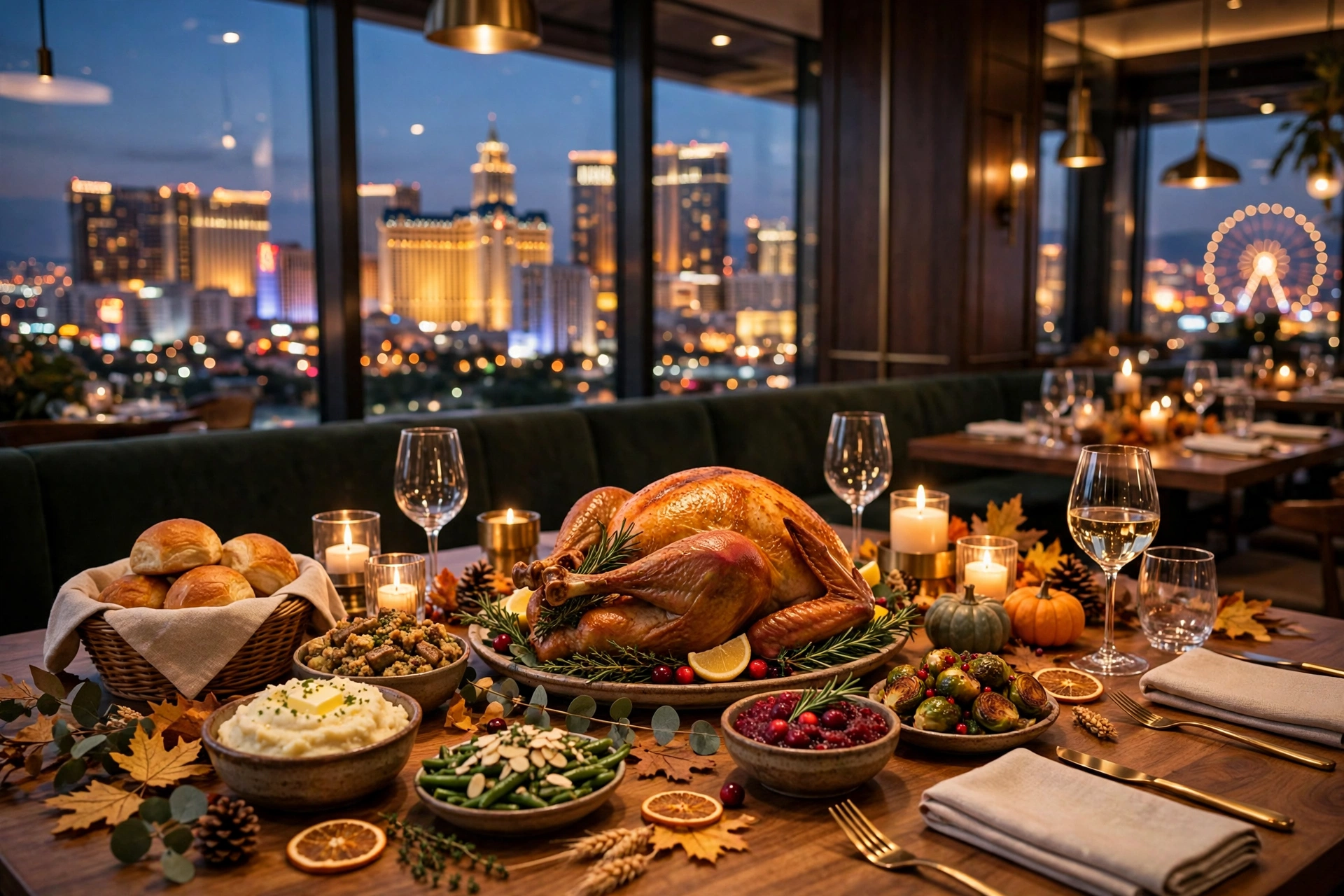 A Thanksgiving dinner table with a roasted turkey and classic sides in a Las Vegas restaurant, the Strip skyline glowing through the window at dusk