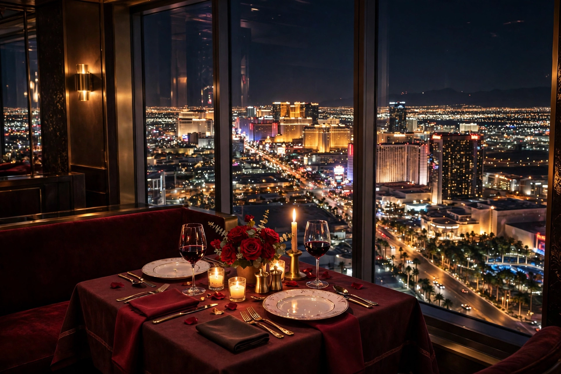 A candlelit Valentine's dinner table for two with red roses and wine, high above the Las Vegas Strip at night