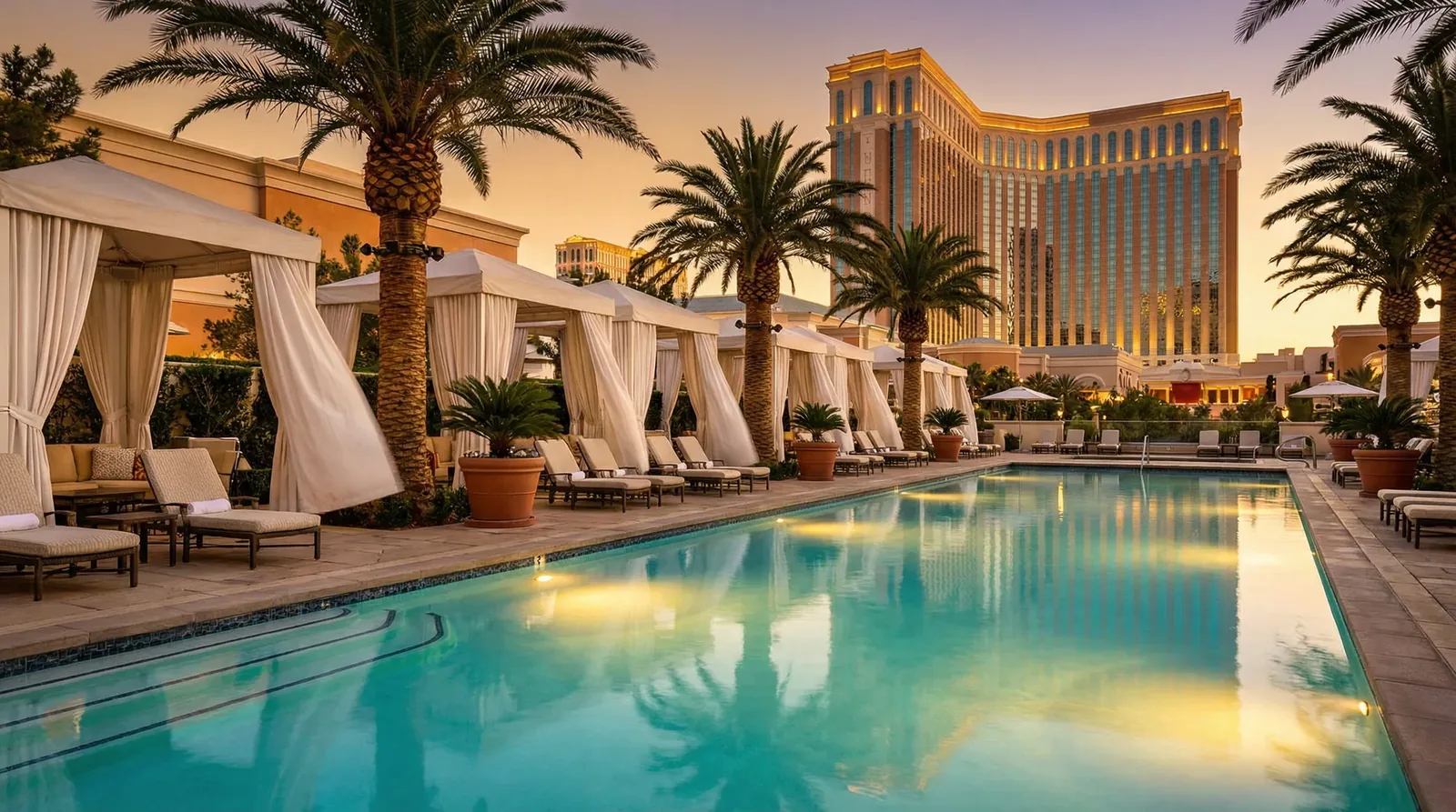 A Las Vegas resort pool in the sun, the part of the trip the room rate actually buys