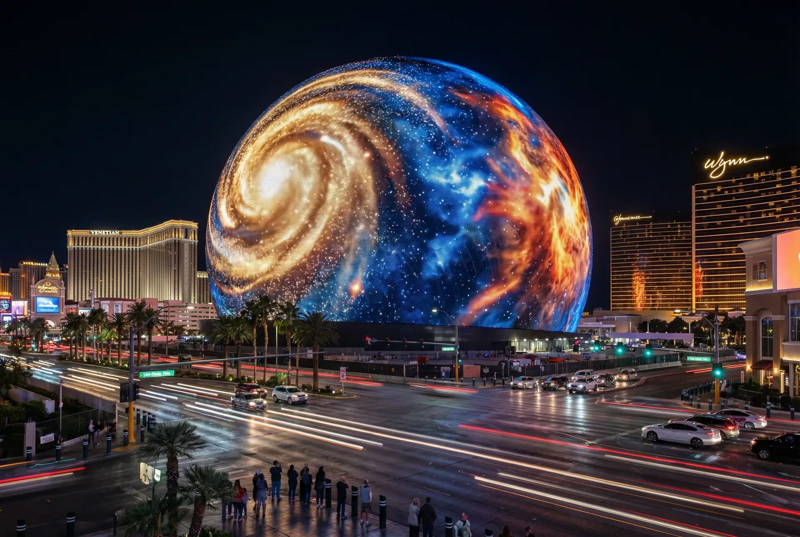 Sphere Las Vegas lit up at night, glowing over the Las Vegas Strip