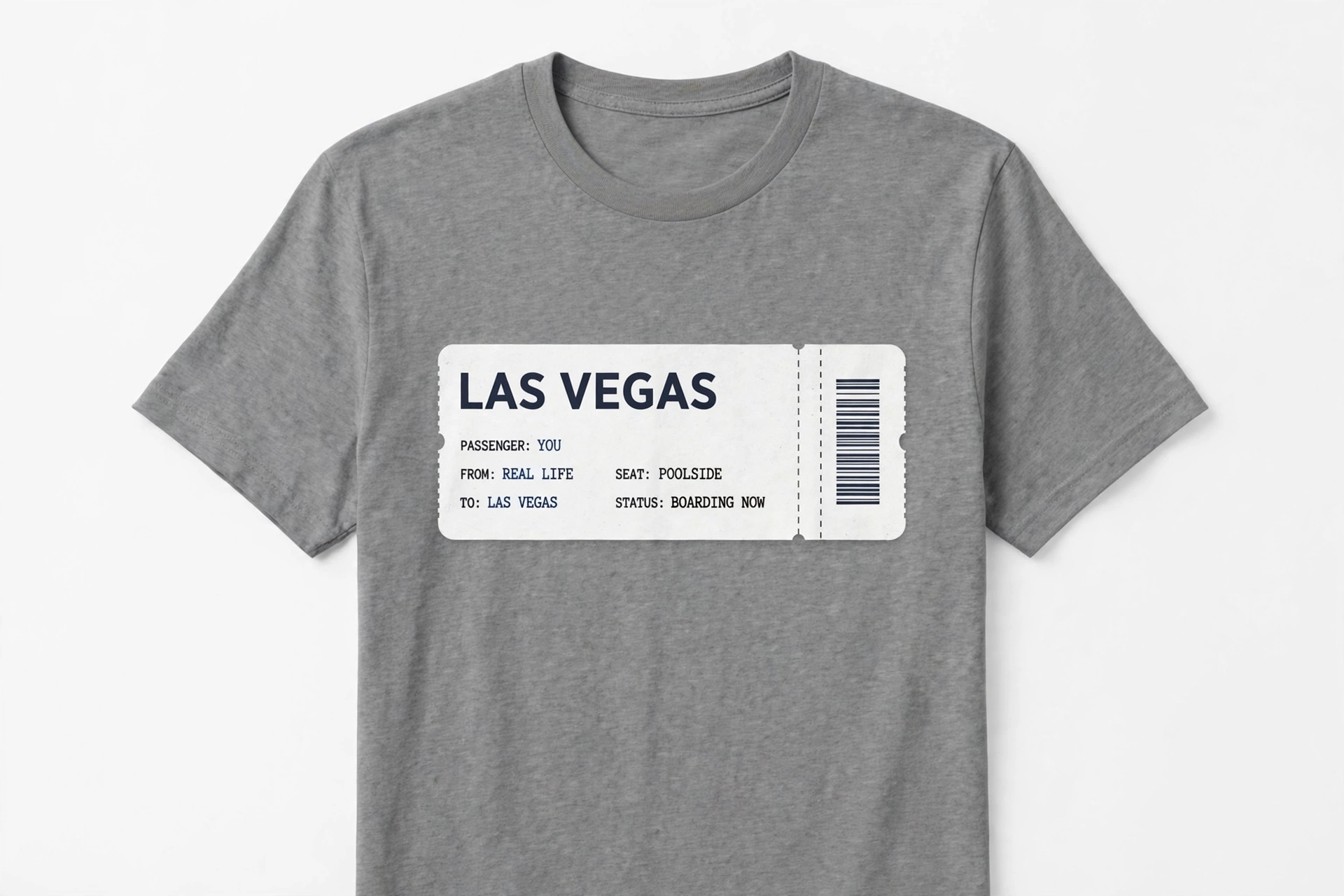 Boarding Pass to Vegas Tee, boarding pass design on a grey tee