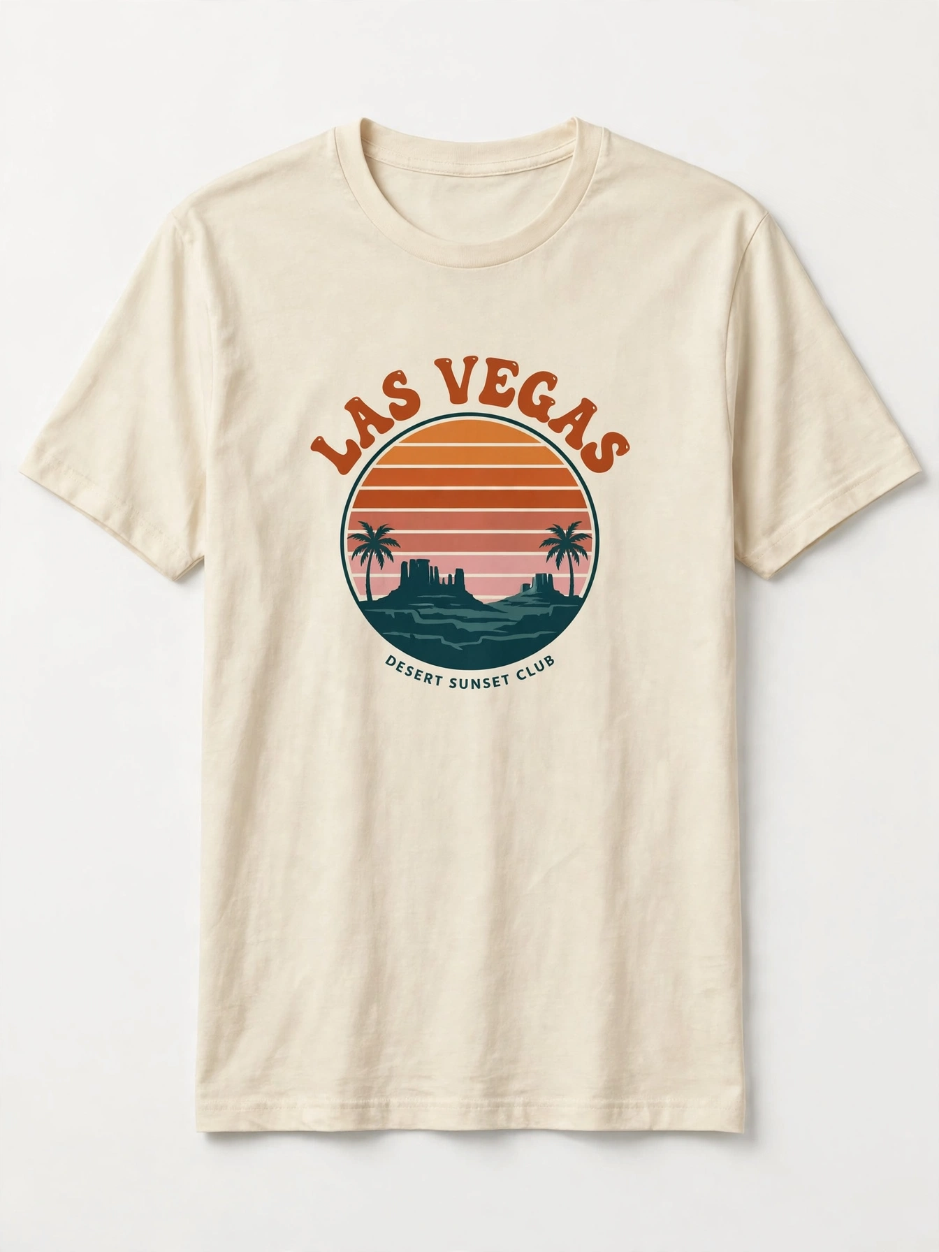 Desert Sunset Club Tee, retro sunset badge on a cream tee