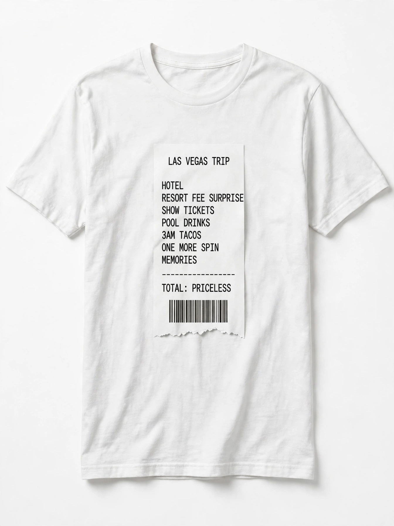 Las Vegas Trip Receipt Tee, white t-shirt with a printed trip receipt design
